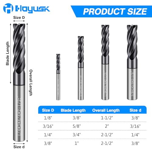 4PCS Micrograin Carbide Square End Mill Set- 4 Flute 4T 1/8" 3/16" 1/4" 3/8" End Mills for Alloy Steels, Hardened Steel, Metal, and Multipurpose Milling - Precision Tool Kit for DIY & Professional Use - size: 1/8" 3/16" 1/4" 3/8"