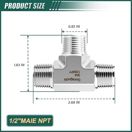 1PCS 304 Stainless Steel Square Tee Pipe Fittings, 1/2" NPT Male Pipe Fittings, for Fuel/Air/Water/Gas/Oil - color: Tee(M/M/M), size: 1/2"NPT