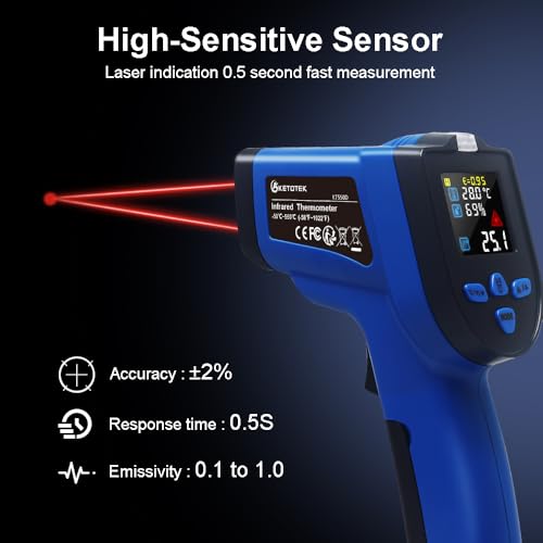 Ketotek Infrared Thermometer, Laser Temperature Gun Non Contact -58 to 1022°F with K Type Thermocouple Probe Humidity NCV Detector, Color LCD for Cooking Pizza Oven BBQ Freezer Industrial