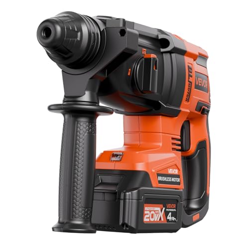 VEVOR 1-1/8" SDS-Plus Rotary Hammer Drill, 20V Brushless Cordless SDS Hammer Drills, 4.0Ah Lithium-Ion Battery Powered, 3.0A Fast Charger, 4 Modes, Rotomartillo for Concrete,1200 RPM, 5300 BPM - size: 1-1/8 in