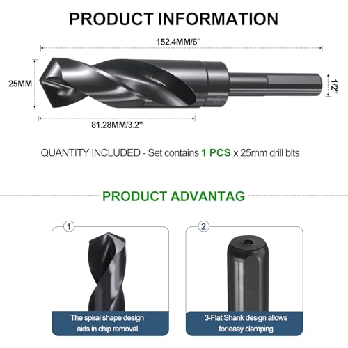 METALLIXITY Drill Bit 25mm, 1/2" Reduced Shank 3-Flat 4341 HSS 118° - size: 25mm