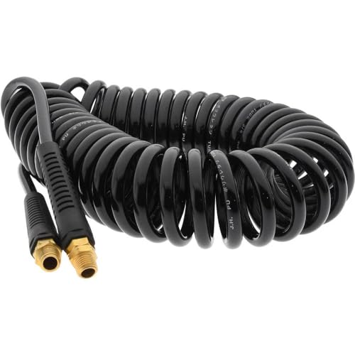 PRO SOURCE Coiled Self-Storing Polyurethane Air Hose: 25 feet, 1/4" ID, 1/4" MNPT, 120 Max psi