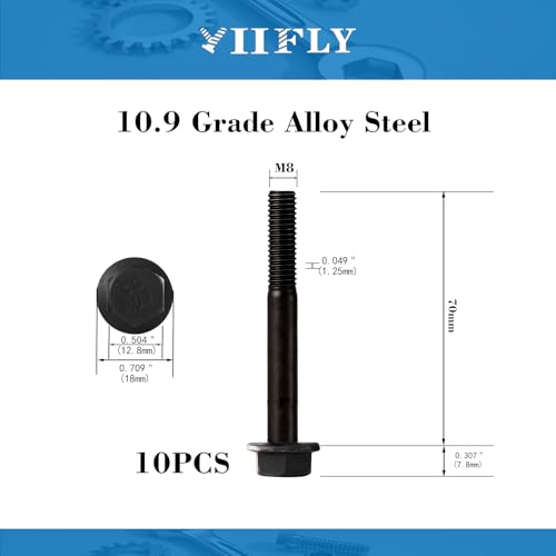 M8 x 70mm Flanged Hex Head Bolts Flange Hexagon Screws, M8x1.25 Bolt, 10.9 Grade Alloy Steel, Hexagon Head Bolts, Black Zinc Finish, Half Thread, Quantity 8 - size: M8 x 70mm(8PCS)
