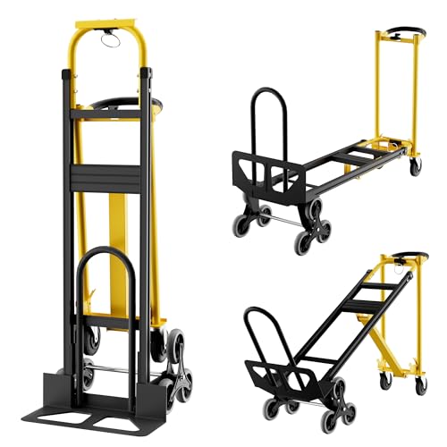 3-in-1 Heavy Duty Convertible Hand Truck, 800 Lbs Capacity Dolly Cart, Aluminum Dolly Hand Truck with Stair Climber Wheels, Stair Climbing Cart for Warehouse Transport & Moving(Yellow+Black)