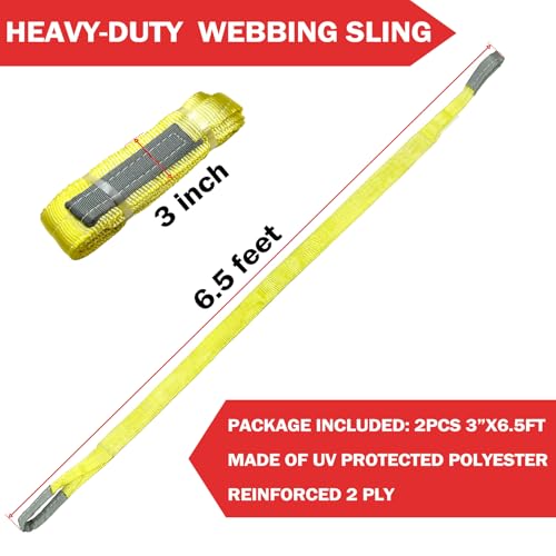 2-Pack 3-inch 2-Ply Lifting Sling, Vertical 10,000LBS, Choker 8,000 LBS, Basket 20,000 LBS, 100% Polyester High Strength, Reliable Lifting Slings (3”X6.5')