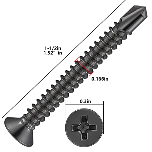Wensilon(200pcs)#8×1-1/2”for Sheet Metal Self-Tapping Screws 410 Black Stainless Steel Flat Head High-Strength Quick self-Drilling Screws - color: Black, size: #8X1-1/2"