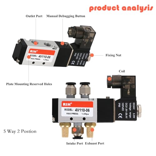 RIH Pneumatics Solenoid Valve 4V110-06 12V/24V/110V Series Single Coil Pilot-Operated Electric 2 Position 5 Way Connection Type (DC24V/Junction Box, 1/8"NPT) - size: DC24V/Junction Box, style: 1/8"NPT