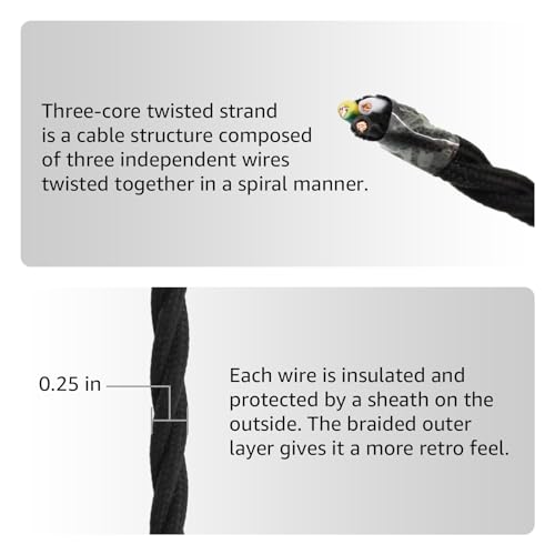 3 Core Fabric Cloth Covered Lamp Twisted Wire, PRUNLLA Vintage Industrial Electrical Cord, Flexible Cable for Retro Lamp, DIY Projects (Black) - color: Black