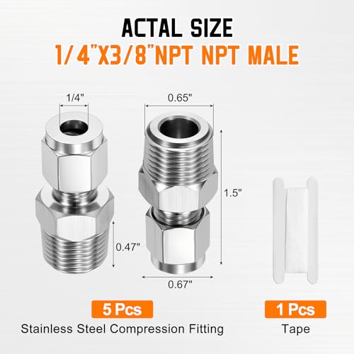 5 Pack 1/4"OD Compression x 3/8" NPT Male Union Coupling Connector - size: 1/4"OD Compression x 3/8" NPT Male