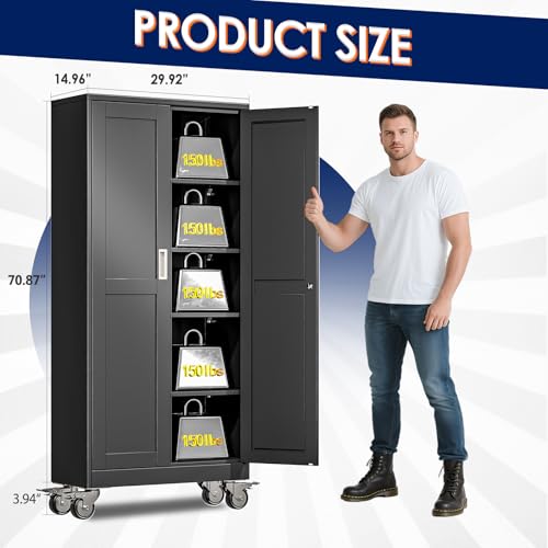 erosoei 71" H Metal Garage Storage Cabinet, Rolling Tool Cabinet with 2 Doors and Wheels, Locker Steel Cabinet with 4 Adjustable Shelves, Organization Cabinet for Garage,Office,Home,Gym,School(Black) - color: Black, size: 71".-CasLck