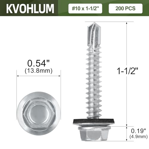 #10 x 1-1/2" (200 PCS) Metal Roofing Screws with Rubber Washer, Hex Head Self Tapping Screws for Metal, Self Drilling Sheet Metal Screw, Hex Bit Socket Included - size: #10 x 1-1/2"