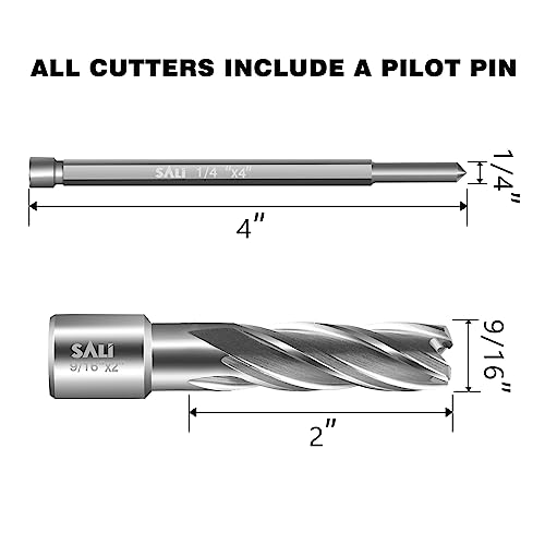 SALI Annular Cutter Diameter 9/16 Inch with Weldon Shank 3/4" (with 2 Flats) Cutting Depth 2" Mag Drill Bit for Magnetic Drill Press HSS Fully Ground Drill with One 1/4"*4" Pilot Pin… - size: 9/16"*2"