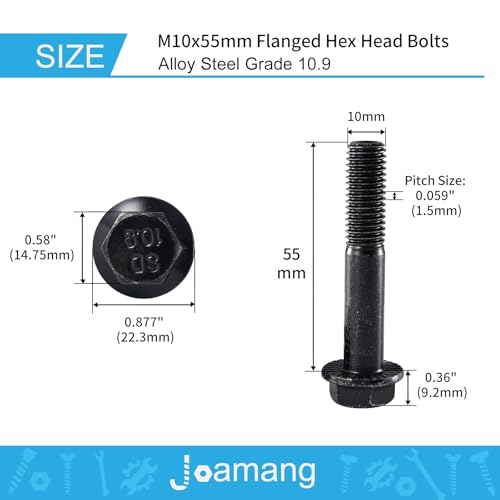 M10 x 55mm 10Pcs Flanged Hex Head Bolts, M10 x 1.5 Bolts, Flange Hexagon Head Screws, 10.9 Grade Alloy Steel, Black Oxide Finish, Metric Machine Threaded, Half Thread - size: M10 x 55mm(6PCS)