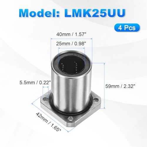 PATIKIL LMK25UU Linear Ball Bearings 25mm Bore Dia 40mm OD 50mm Long 5.5mm Hole, 4Pcs Round Flange Linear Motion Bushing Double Side Rubber Sealed Rod Liner Shaft for Machine 3D Printer - size: 25mm