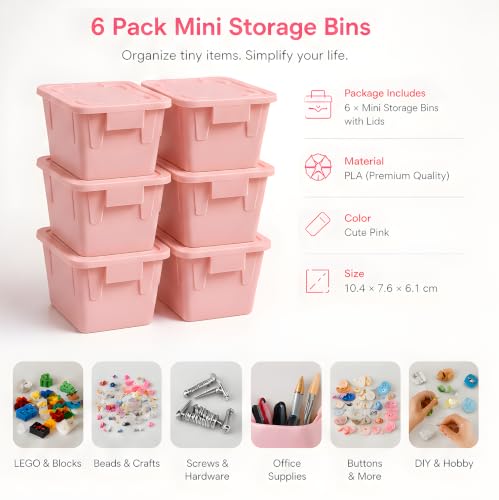 Mini Storage Bins with Lids, Pink, 6 Pack - color: Pink