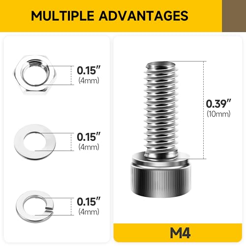 Mywish (100Sets) M4 Bolts, M4 x 10mm Socket Head Cap Screws Bolts, 304 Stainless Steel Allen Socket Hex Drive Screws, Bright Finish M4 Screw Kit with Nuts and Washers & Hex Spanner - size: M4 x 10mm