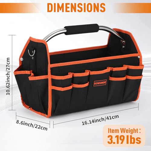 Kowsinde 16 Inch Tool Bag, Electrician Tool Bag, Open Top Tool Bags, 26 Pockets Can Hold Many Tools, Steel Handle and Removable Shoulder Strap - color: Orange