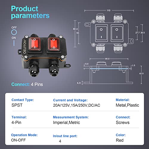 Waterproof On Off Toggle Switch Double Switch with Red Light Rocker Button Inline Cord Switch DPST AC/DC 20A-125V,16A-250V,30A-24V,35A-12V, IP66 4 Exit - color: Red/2 Switch/4 Outlet