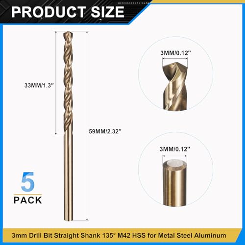 PATIKIL 3mm Drill Bit M42 8% Cobalt HSS 135° Gold Finish 5Pcs - size: 3mm