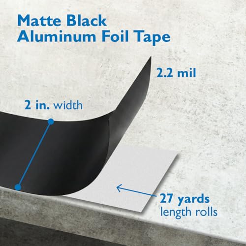 JVCC AF22-BLK Matte Black Aluminum Foil Tape – 2 mil Linered, Non-Reflective, 59 oz/in Adhesion, Flame Retardant, Light Control Aluminum Tape for Can Lights, Barn Doors & Production Sets