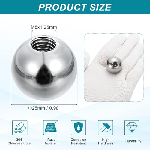 PATIKIL M8 x 25mm Ball Nuts Knob, 304 Stainless Steel Round Solid Silver Light Fixture Decorative Screw Cap Cover Machinery Hardware - size: M8x25mm
