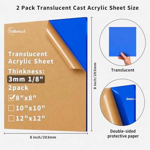 1/8 Thick 8 x 8 inch Translucent Acrylic Sheets - 2 Pack Colored Plexiglass Sheets for Creative DIY Projects Laser Cutting Engraving UV Printed Signs Crafts Badges (2, Blue, 8 x 8 inch) - color: Blue, size: 8x8 inch