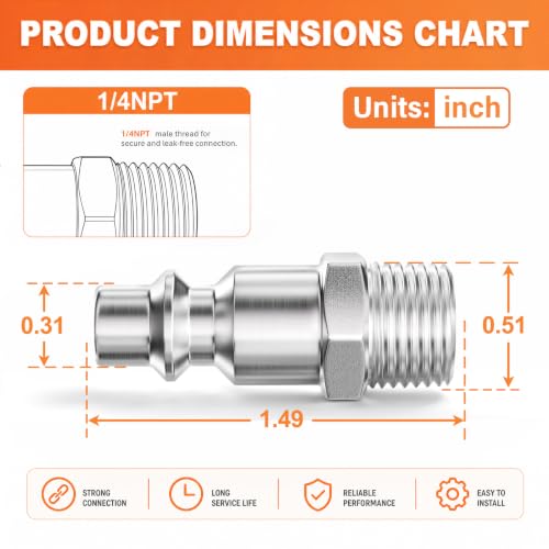 GASHER 5PCS 1/4" MNPT x 1/4" Flow 304 Stainless Steel Industrial Air Plug - size: 1/4" MNPTx1/4" Flow