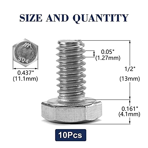 1/4-20 x 1/2" Hex Head Screw Bolt, 10Pcs 18-8 (304) Stainless Steel, Fully Threaded, Plain Finish by SG TZH - size: 1/4-20 x 1/2"