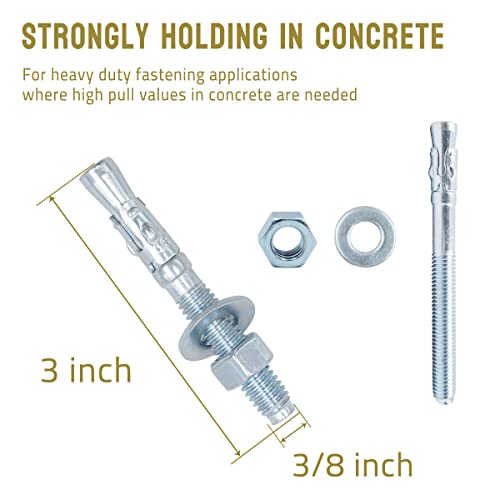 3/8 Concrete Anchors, Zinc-Plated Steel Wedge Anchors, 20 Pack - size: 3/8" x 3"