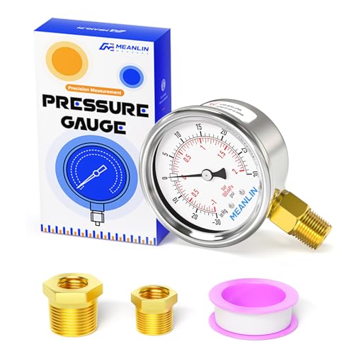 MEANLIN MEASURE -30inHG~30Psi Vacuum Gauge Stainless Steel 1/4" NPT 2" FACE DIAL Waterproof for Air Compressor HVAC Negative Pressure Hand Pump Pool Lower Mount, with 1/2" NPT and 3/8" NPT Hex Bushing - size: -15-30Psi
