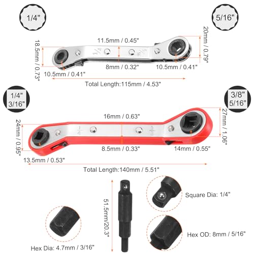 HARFINGTON 4pcs HVAC Service Wrench Set 1/4" 5/16" 3/16" 3/8" 25° 16-Teeth Air Conditioner Valve Reversible Ratchet Wrench with Hexagon Bit Adapter for Refrigeration Equipment Repair, 2 Color - color: Silver Red