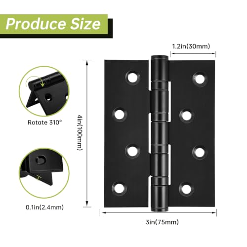 6-Pack Black Door Hinges, 4 Inch Heavy Duty Stainless Steel Hinge for Interior Exterior Doors, Max Loading 150LB, Matte Black Ball Bearing Hinges with Screws, Smooth and Quiet - size: 4inch - 6 Pack