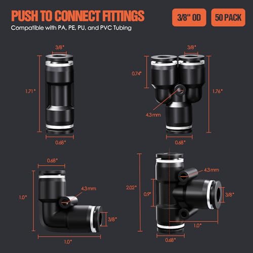 3/8" OD Push to Connect Fittings Kits –50PCS Air Line Connectors with Tee, Straight, Elbow, Splitters, Quick Connect Pneumatic Fittings, Push Lock Air Hose Fittings for Compressor, Air Tools & Tubing - color: 3/8" OD, size: Assorted kit(50pcs)
