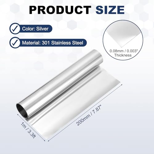 MECCANIXITY 301 Stainless Steel Foil Roll 0.08mmx200mmx1m Silver - size: 0.08mm x 200mm x 1m