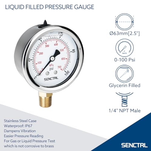 SENCTRL 0-100 Psi Liquid Filled Low Pressure Gauge, 1/4" NPT Lower Mount - size: 0-100 Psi, style: Lower Mount