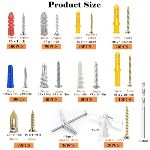 501PCS Drywall Anchors and Toggle Bolts with Screws Kit, 250PCS Dry Wall Anchors and 250PCS Expansion Screws (2026 Upgraded),11 Sizes Sheetrock Anchors Screws Kit for Wall Art Decor - color: 500PCS-KIT