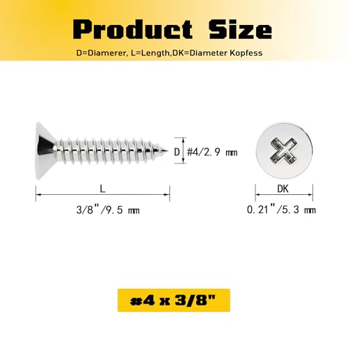 #4 x 3/8 inch Flat Head Wood Screws, 304 Stainless Steel Phillips Drywall Screws and Tapping Screws, High Hardness Screws for Drywall, Sheetrock, Wood (100 pcs) - size: #4 x 3/8"