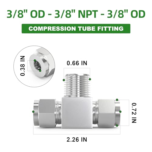TAISHER 2PCS 304 Stainless Steel Compression Tube Pipe Fitting Connector, 3/8" Tube OD x 3/8" NPT Male x 3/8" Tube OD Tee Adapter - size: 3/8" OD x 3/8" MNPT x 3/8" OD Tee
