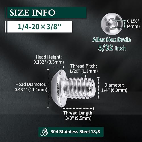 1/4-20 x 3/8" Button Head Socket Cap Bolts Screws, 304 Stainless Steel 18-8, Allen Hex Drive, Bright Finish, Fully Machine Thread, Pack of 25 - size: 1/4-20 x 3/8
