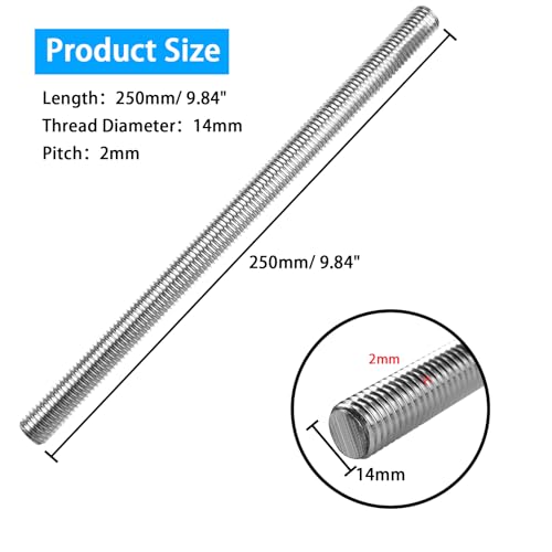 4pcs M14 x 250mm Fully Threaded Rod, M14-2mm Thread Pitch,304 Stainless Steel Long Threaded Screw, Right Hand Threads (M14 x 250mm) - size: M14 x 250mm
