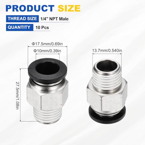 10Pcs Pneumatic Push to Connect Fitting Fit 10mm OD Tube 1/4 MNPT - color: Black, size: 10mm OD x 1/4 NPT