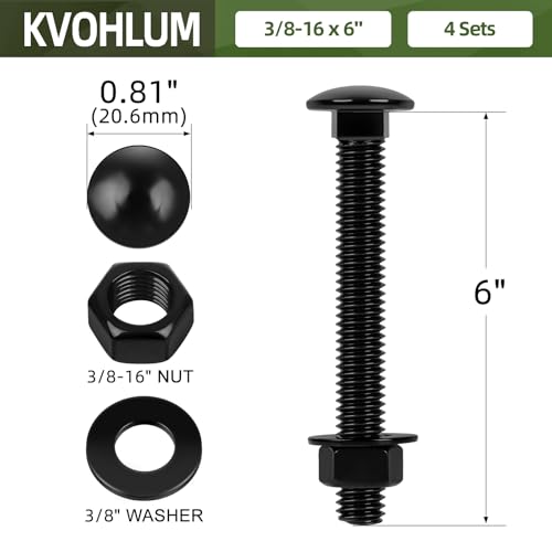 4 Sets 3/8-16 x 6 Carriage Bolt Kit, Round Head Square Neck, Black Carriage Bolts and Hex Nuts Set with Flat Washers - size: 3/8-16 x 6"