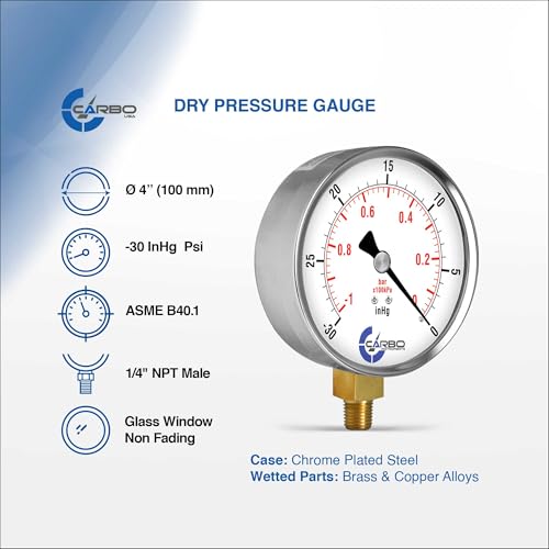 Dry Vacuum Pressure Gauge 0 to -30 inHg, 4" Dial, 1/4 NPT Lower Mount, Chrome Plated Steel Case, Brass Wetted Parts, Dual Scale inHg/Bar - ASME B40.1 Grade A - size: -30 inHg - 0, style: STANDARD