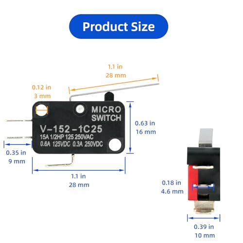 12 Pcs Micro Limit Switch with Hinge Lever SPDT 1NO 1NC Microswitch V-152-1C25 - size: Hinge Lever (V-152-1C25)