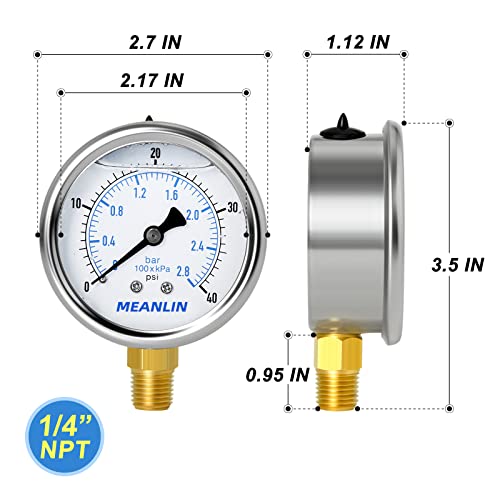 MEANLIN MEASURE 0~40Psi Stainless Steel 1/4" NPT 2.5" FACE DIAL Liquid Filled Pressure Gauge WOG Water Oil Air Lower Mount, with 1/2" NPT and 3/8" NPT Hex Bushing - size: 0-40Psi