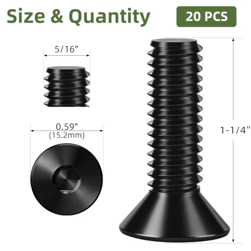 20 PCS 5/16"-18 x 1-1/4" Flat Head Socket Cap Screws Bolts, 10.9 Grade Carbon Steel Countersunk Allen Bolts, Full Thread, Black Coating, Screwdriver Included - color: Black, size: 5/16"-18 x 1-1/4"