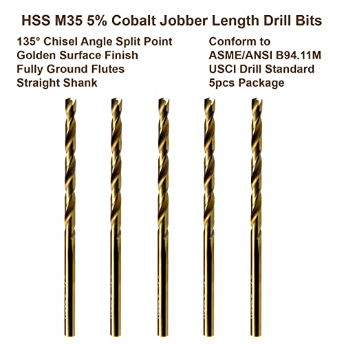 MAXTOOL No.25 5pcs Identical Jobber Length Drills Dia 0.1495" HSS M35 Cobalt Twist Drill Bits Wire Gauge Numbered Golden Straight Drill; JBN35G10R25P5