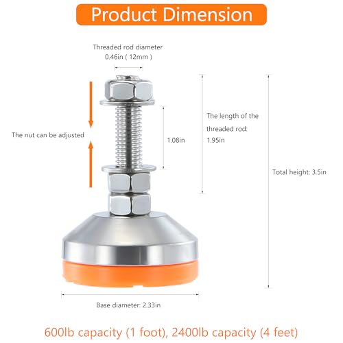 Heavy Duty 2400 lb Capacity Stainless Steel Adjustable Leveling Feet for Shelving,Machinery Devices, Workbench,Furniture,M12 Thread, 2.33inches Dia Base, Anti-Slip Nylon Pad - color: Orange, size: B2.33in x M12 x H1.97in