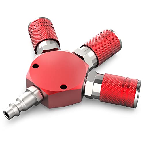 GASHER Red 3-Way 1/4 Inch NPT Aluminum Hex Style Air Manifold with 3 Pieces Steel Industrial Coupler and Plug, Air Compressor Hose Accessories Quick Connect Fittings Air Splitter - style: RED 1PCS