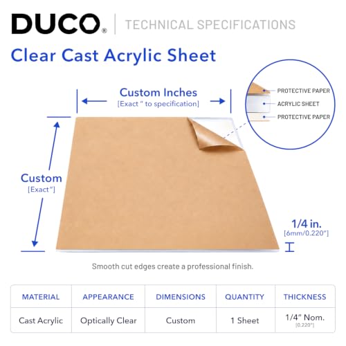 Duco 1/4" Clear Cast Acrylic Sheet, Custom Plexiglass Sheet, 1 Pack - color: Clear, size: Custom Cut To Size